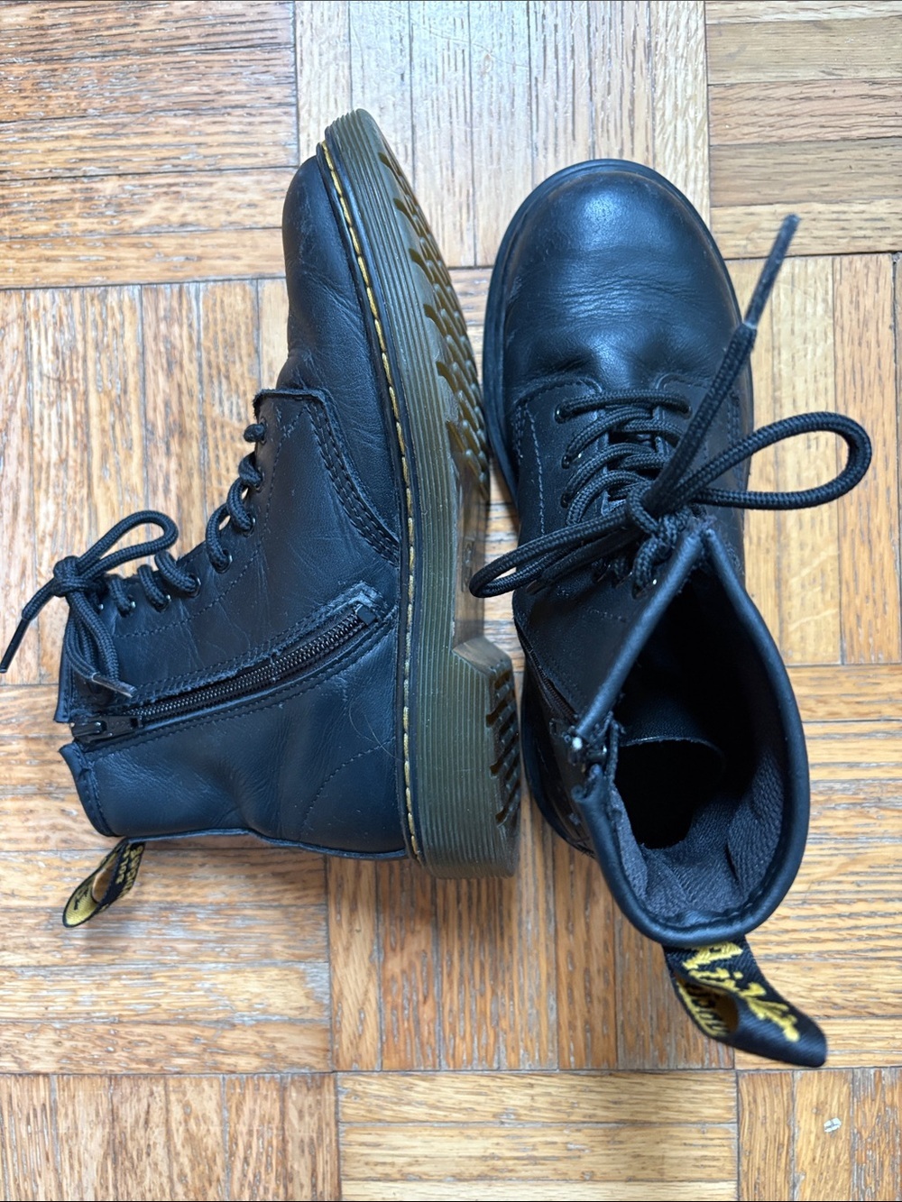 Dr Martens size 3 Black Lace-Up Combat Boots with Yellow Heel Loop
